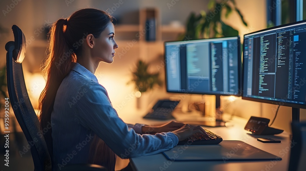 Poster businesswoman in minimalist tech-driven workspace with floating virtual screens