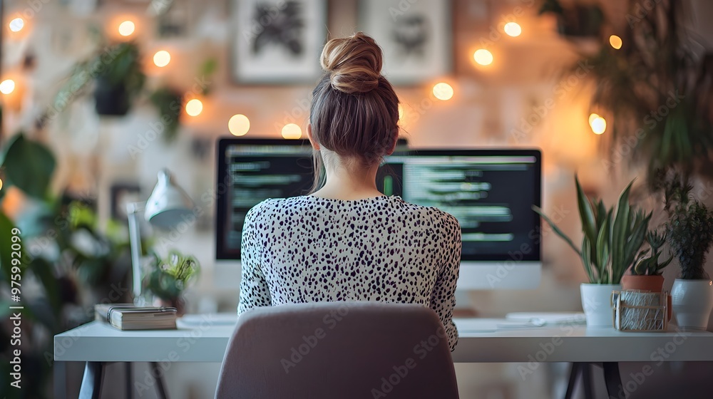 Poster businesswoman navigates sleek minimalist workspace with floating virtual screens for tech-driven