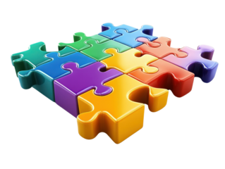 Colorful jigsaw puzzle pieces arranged together, symbolizing connection, teamwork, and problem-solving in a vibrant design.