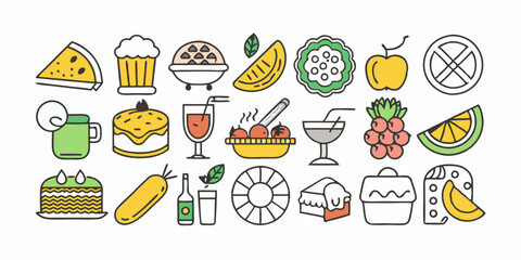 set of hand drawn illustrations of fast food, cakes, fruits, drinks vector line art