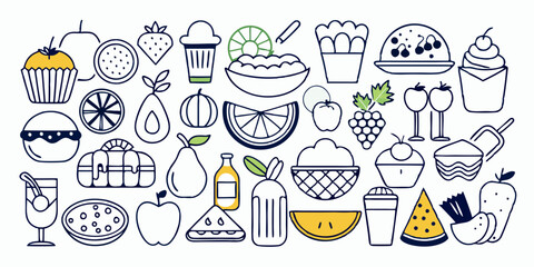 set of hand drawn illustrations of fast food, cakes, fruits, drinks vector line art