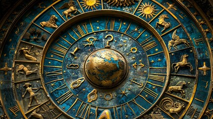 Antique Astronomical Clock Face with Zodiac Signs and Roman Numerals