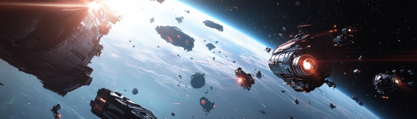 Fototapeta premium A stunning depiction of a distant planet, surrounded by spaceships and asteroids, showcasing the beauty of outer space exploration.