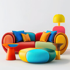 furniture colorful sofa cushions lamp table ottoman modern interior design vibrant decoration living room home decor contemporary seating pillows bright colors 