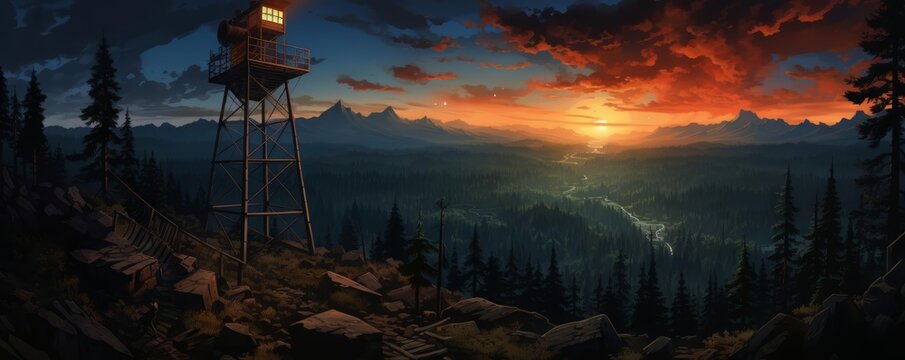 A dramatic illustration of a firewatch tower overlooking a vast forest