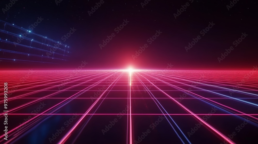 Poster futuristic landscape with glowing lines and vibrant colors, creating an immersive digital experience