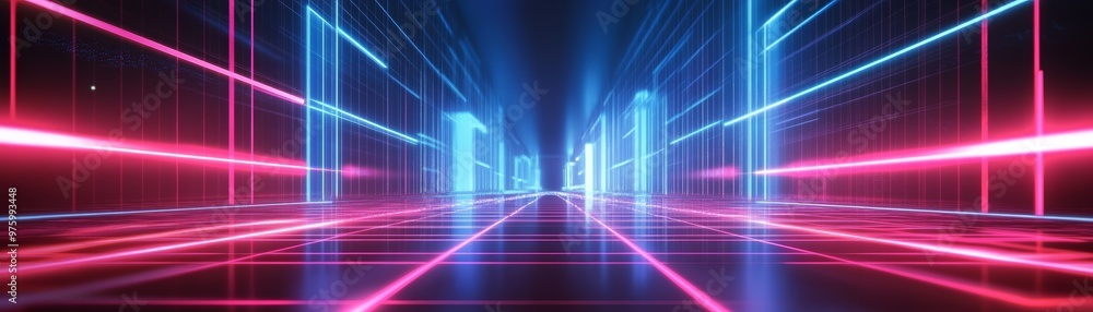Poster vibrant futuristic tunnel with dynamic neon lights, creating an immersive digital atmosphere perfect