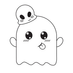 Cute ghost character with skull, halloween spooky monster, scary spirit on white background in outline style for halloween, icons, stickers