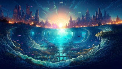 Fototapeta premium Rising Sea Levels and Solar Adaptation – Surreal Underwater Cityscape