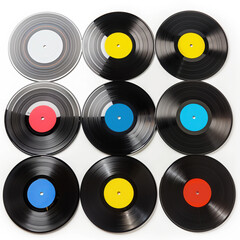 vinyl records music retro vintage analog discs collection album classic old-school black colorful sound 33rpm circle grooves listening record collection patterned