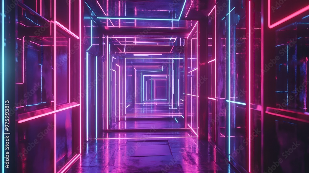 Poster a maze of neon lights crisscrossing in a dark space, creating a sense of depth and mystery.
