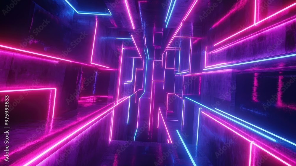 Poster a maze of neon lights crisscrossing in a dark space, creating a sense of depth and mystery.