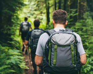 Fototapeta na wymiar A group of friends hiking through a dense forest, trees shading the trail as they explore hiking, forest, tree interaction