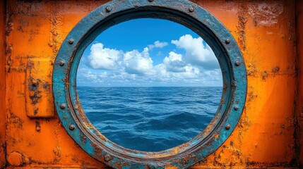 Porthole View of Clear Blue Ocean Waves and Cloudy Sky on a Sunny Day