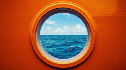 Fototapeta premium View of Tranquil Ocean Waves Through a Circular Porthole on a Bright Sunny Day at Sea
