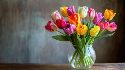 A colorful bouquet of tulips in various shades, arranged in a glass vase on a wooden table