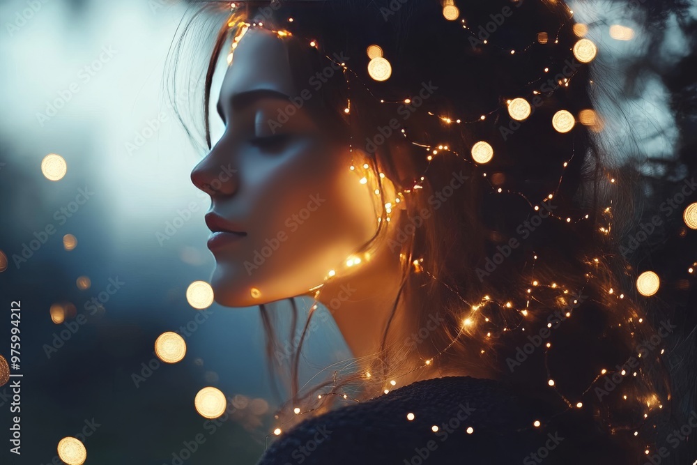 Poster profile of a woman illuminated by glowing light particles symbolizing imagination serenity and inner