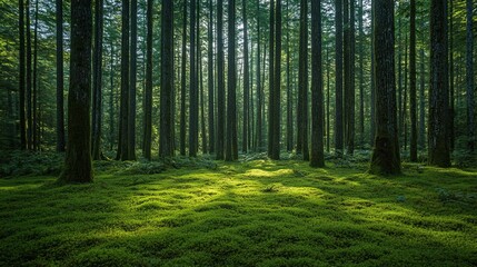 1. A dense forest with tall, ancient trees covered in thick moss, the sunlight filtering through the canopy and casting dappled shadows on the forest floor