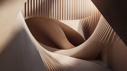 Abstract wooden sculpture showcasing intricate shapes and flowing lines with a warm, minimalist design.
