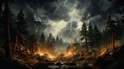 A dramatic illustration of a lightning strike in a forest clearing