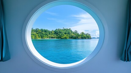 Scenic View of Tropical Islands From a Circular Window on a Boat in Bright Daylight