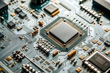 Fototapeta premium Close-Up of Motherboard Circuit Board Detailing Processor and CPU Components in Modern Electronics