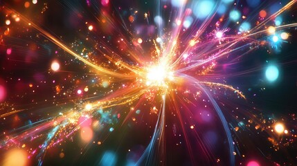 Naklejka premium Abstract light burst resembling fireworks with colorful, trailing sparks.