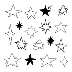 A set of abstract stars isolated on white painted with a black pen, marker, doodle, comic. Vector, simple black and white, contour, graphic illustration. A decorative element for a holiday, decoration