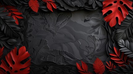 Obraz premium A sophisticated design featuring black and red leaves forming an ornate border with rich textures and intricate detailing, giving a luxurious and elegant appeal.