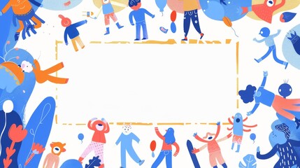 Obraz premium This image depicts cartoon kids around a fun border with bright blue tones, showcasing an energetic and playful scene perfect for children's activities or educational content.