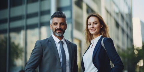 Two businessmen in stylish suits hold negotiations while standing on the street near the office. Generative AI.