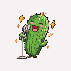 Cute cactus singing with microphone simple vector illustration