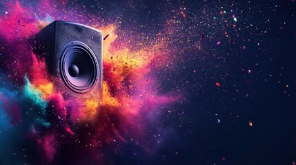 dynamic speaker exploding with vibrant sound waves multicolored particles bursting forth symbolizing power of music and energy of celebration