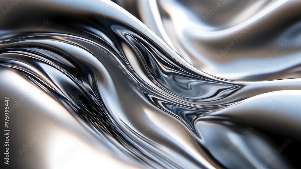 Poster abstract liquid metal flowing and coiling into mesmerizing dynamic curves.