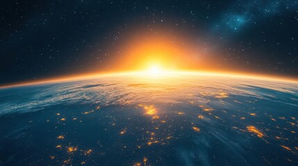 Fototapeta premium earth viewed from space with glowing city lights visible on night side sunrise illuminating curve of planet wispy clouds and vast starry background