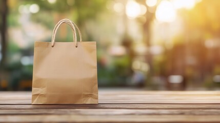 ecofriendly paper shopping bag on rustic wooden surface warm earthy tones soft lighting and blurred background create inviting atmosphere