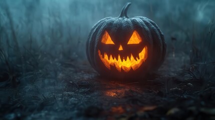 Naklejka premium eerie jackolantern with intricate carving glowing from within floating in misty darkness halloween atmosphere gothic style