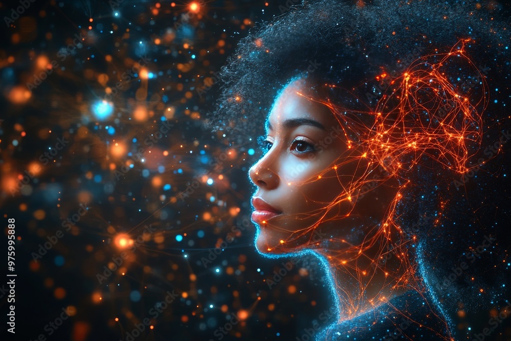 Poster profile of a woman with glowing neural activity symbolizing intelligence creativity and imagination 