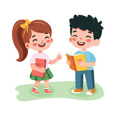 Smiling boy and girl standing with books on white background. Cartoon character in flat style. Vector illustration