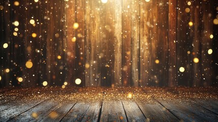 elegant anniversary celebration backdrop combining warm wood textures and luxurious gold accents shimmering confetti and soft light effects create a romantic festive atmosphere