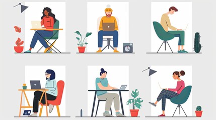 Telework people bento grid illustration set. Working from home 2D vector image collage design graphics collection. Telecommuting adults. Multinational freelancers flat characters moodboard layout
