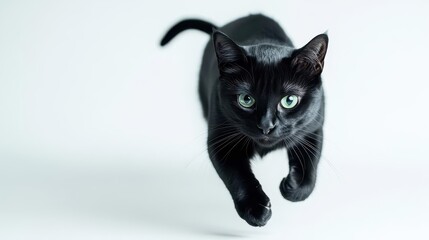 elegant black cat in motion glossy fur catching light piercing green eyes dramatic pose against stark white background feline grace personified