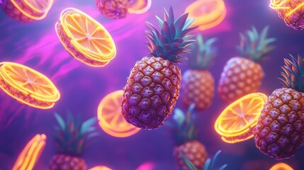 Floating pineapple slices suspended in mid-air, glowing neon outlines around each ring, high-detail, soft-focus, tropical colors.