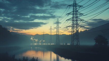 Dramatic Sunset Reflecting on Electricity Transmission Towers over Serene Lake