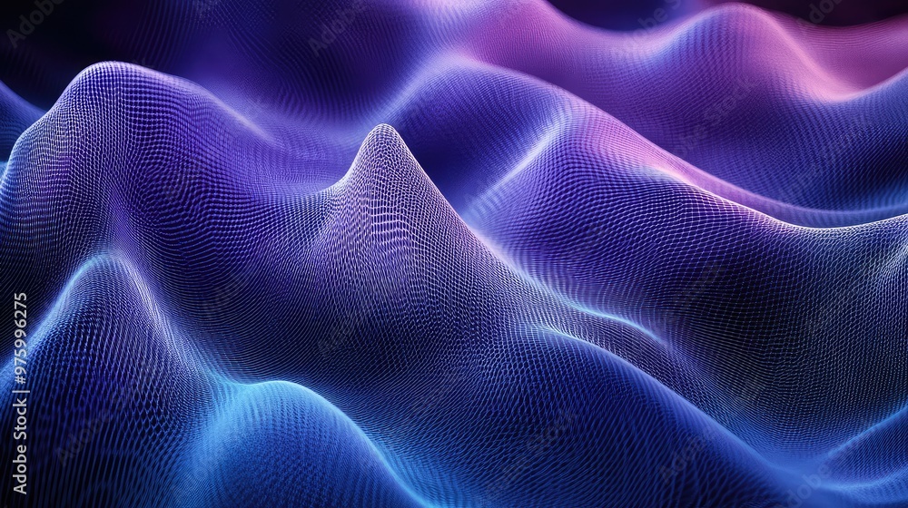Poster Abstract representation of sound waves rippling through space in a gradient of blues and purples.