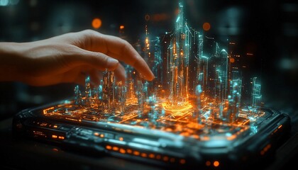 Futuristic Urban Blueprint, professional's hand interacting with a floating, transparent hologram featuring an intricate 3D model of a cutting-edge city.