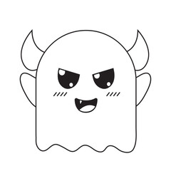 Cute ghost character with horn, halloween spooky monster, scary spirit on white background in outline style for halloween, icons, stickers