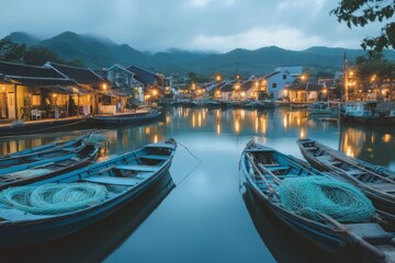 A serene evening on the river with wooden boats gently floating. The lights from nearby houses reflect on the water creating a peaceful atmosphere. Generative AI