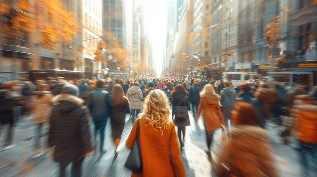 Fototapeta A photograph of a crowd in the city, with the focus on one person and a blurry background of people walking down the street. The image was captured using a telephoto lens in natural lighting.