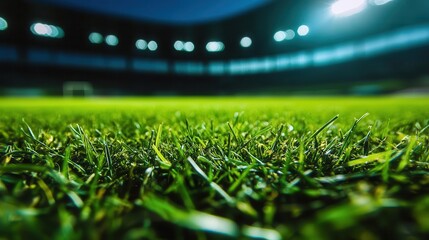 emerald arena closeup macro shot of lush green grass blades in a sports field stadium lights casting dramatic shadows emphasizing texture and vitality